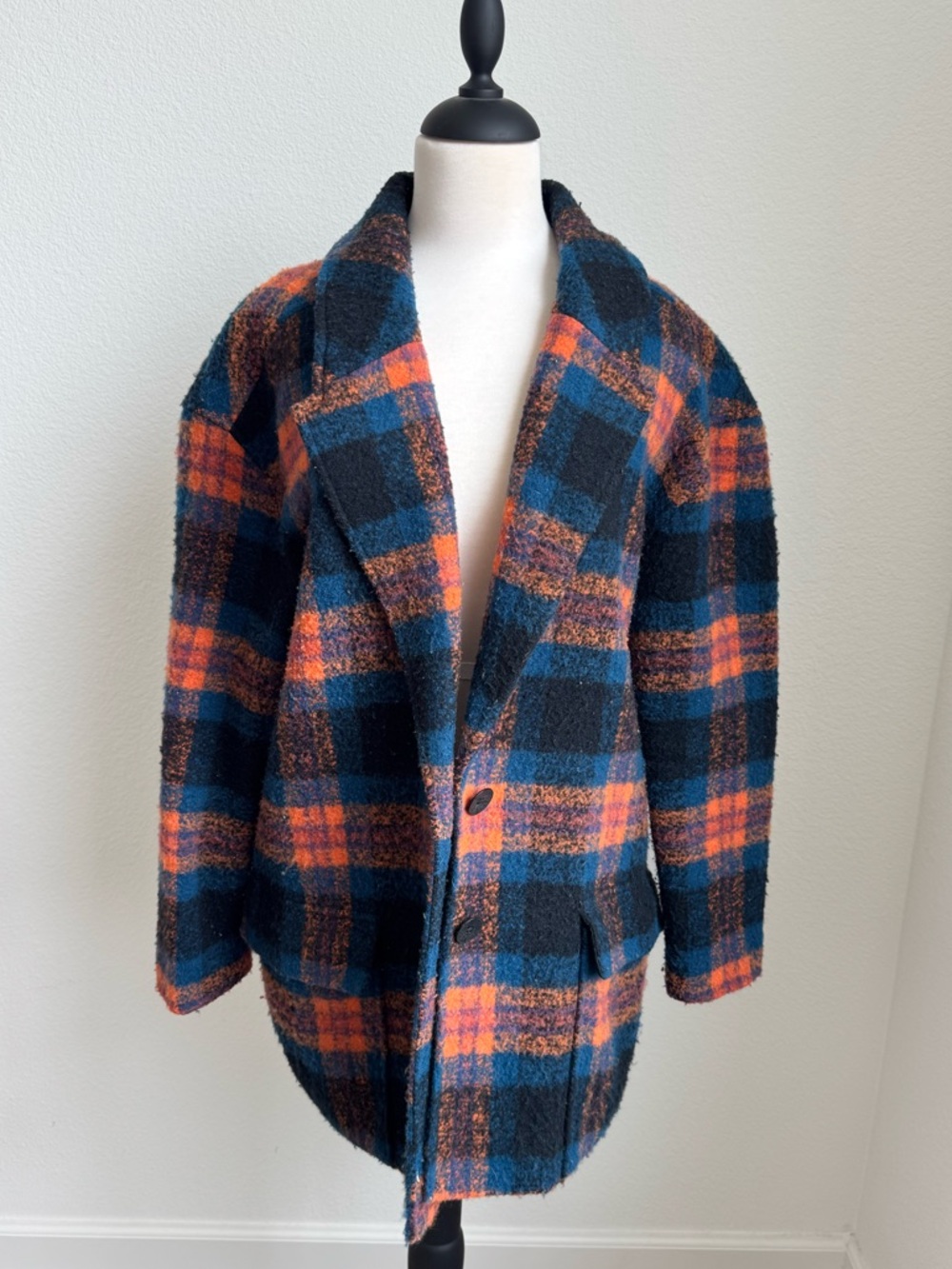 Kate Spade Saturday Plaid Button Wool-Blend Coat - Blue & Orange
